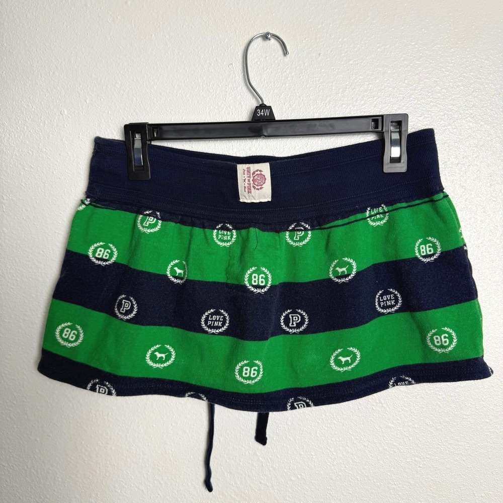 Vintage Y2K Victoria's Secret PINK Mini Skirt XS Green Navy Striped 86' Logo - Picture 3 of 8